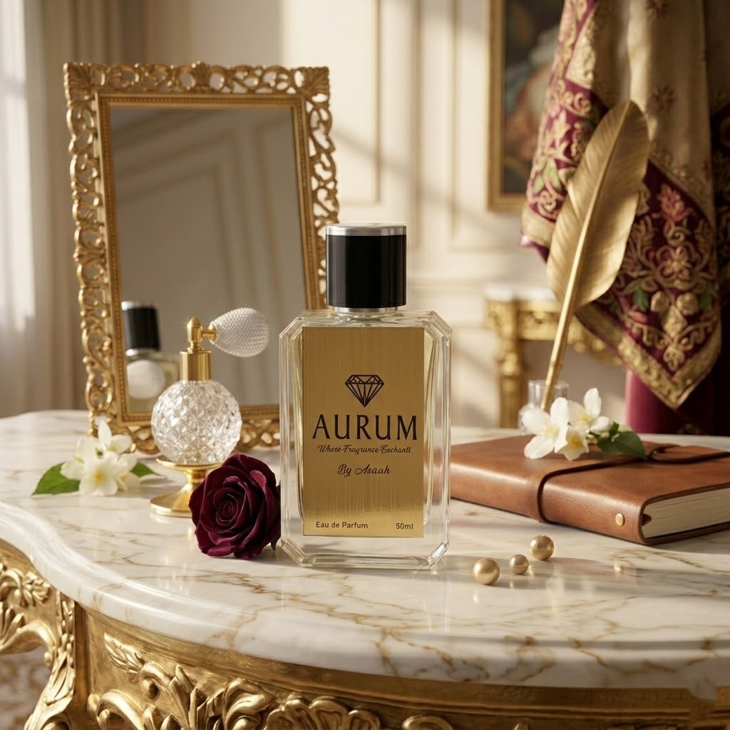AURUM Eau De Parfum 50ml bottle displayed on a luxury marble vanity table next to a deep red rose, gold mirror, and white flowers.