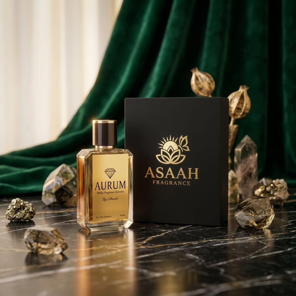 ASAAH Fragrance AURUM 50ml Eau De Parfum bottle next to its luxury matte black box with gold logo against a rich green velvet curtain.
