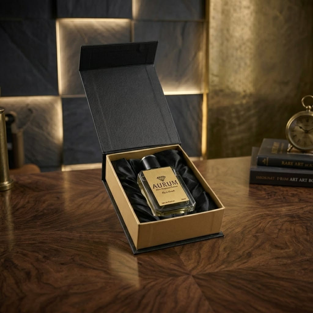 AURUM by Asaah perfume bottle nestled inside an open black and gold satin-lined presentation box on a polished wooden desk.