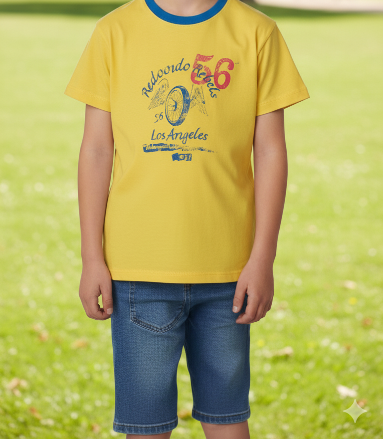 Vintage-Inspired Yellow Redondo 56 Graphic T-Shirt | Bright Neon Tee with LA Motorbike Print | Contrast Ringer Neck Short Sleeve (1022)