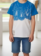 Vibrant Blue & White Abstract Graphic T-Shirt | Artistic Short Sleeve Tee | Unisex Cotton Casual Wear (1014)