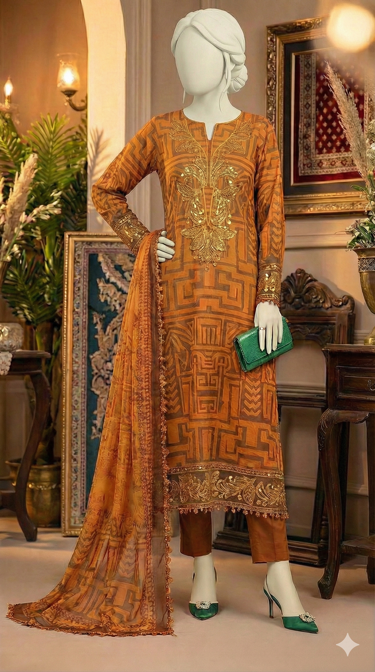 Model in Ochre 3-piece suit with gold tilla embroidered neckline and geometric print.
