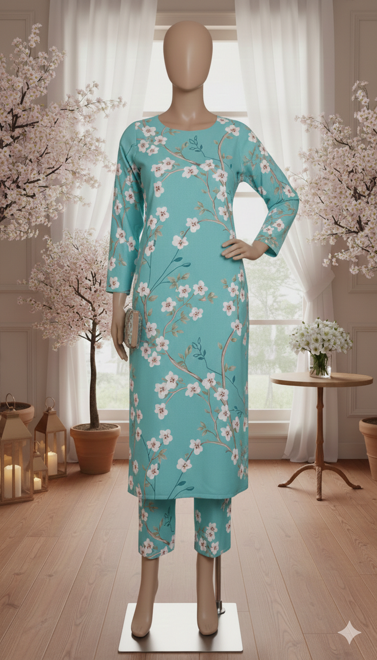 ZH2 Premium Cotton 2-Piece Unstitched Suit - Aqua Teal Floral (PCU 5022)