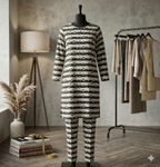 Monochrome Floral Stripe Co-ord Set – Longline Tunic & Tapered Trouser Duo (PCU 5022)