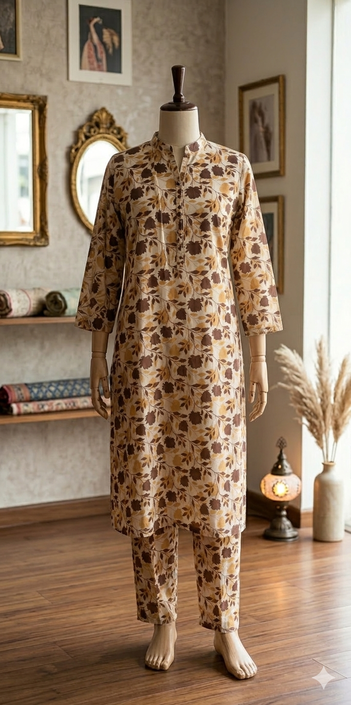 Women’s Floral Print Kurta with Matching Trousers – Beige & Brown (PCU 5022)