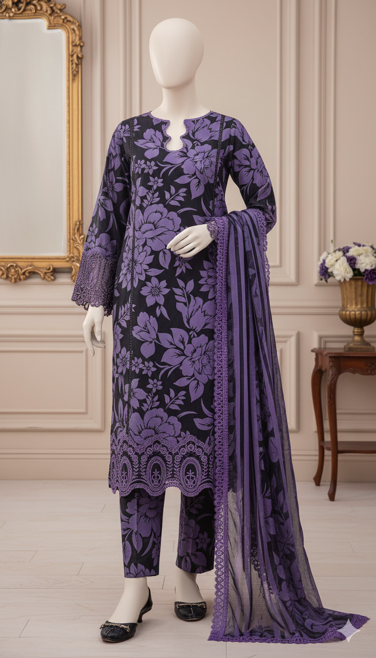 Lavender Bloom 3-Piece Unstitched Embroidered Lawn Suit – Floral Elegance  (LEU 5040)