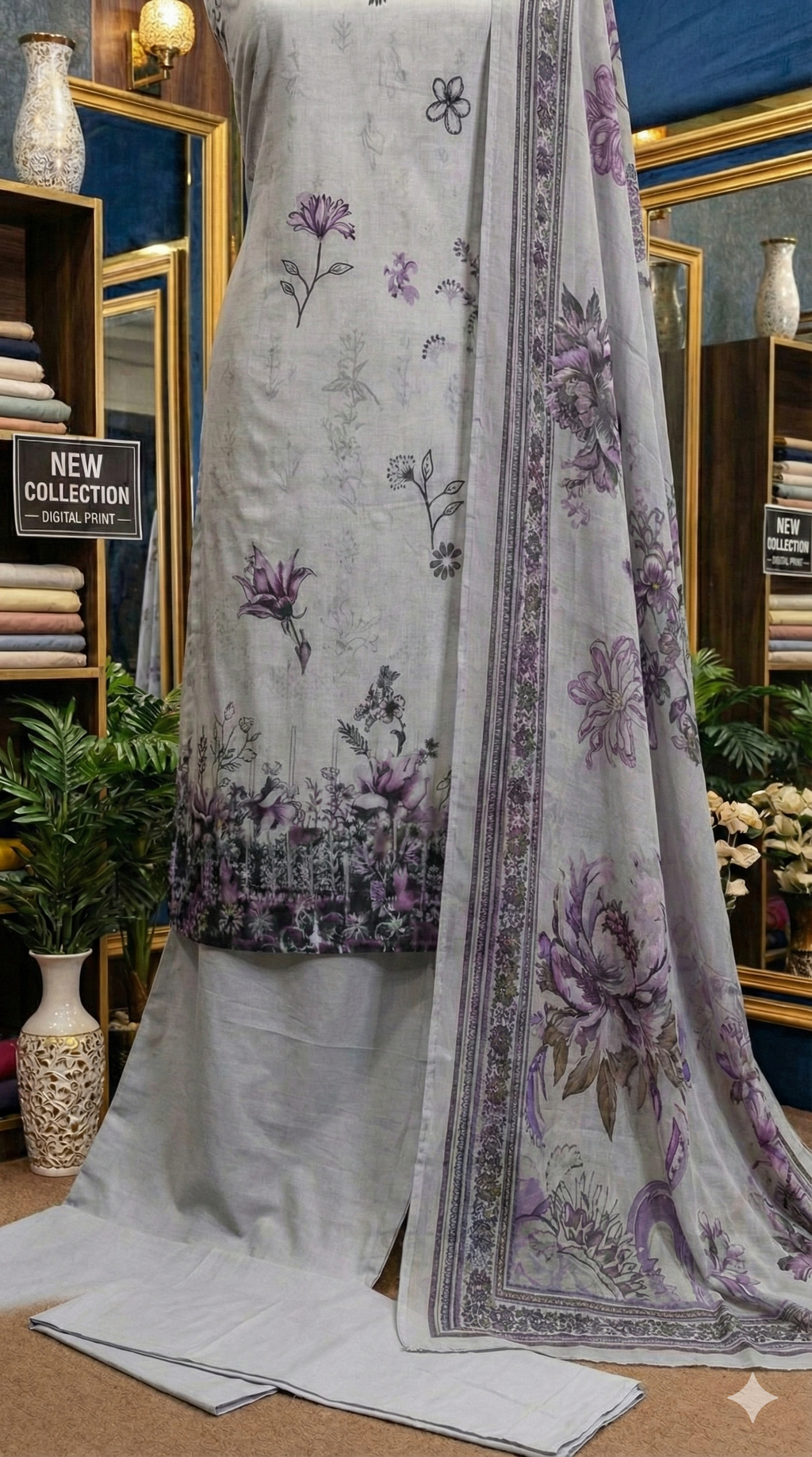 White fabric with purple floral patterns displayed in a store setting.