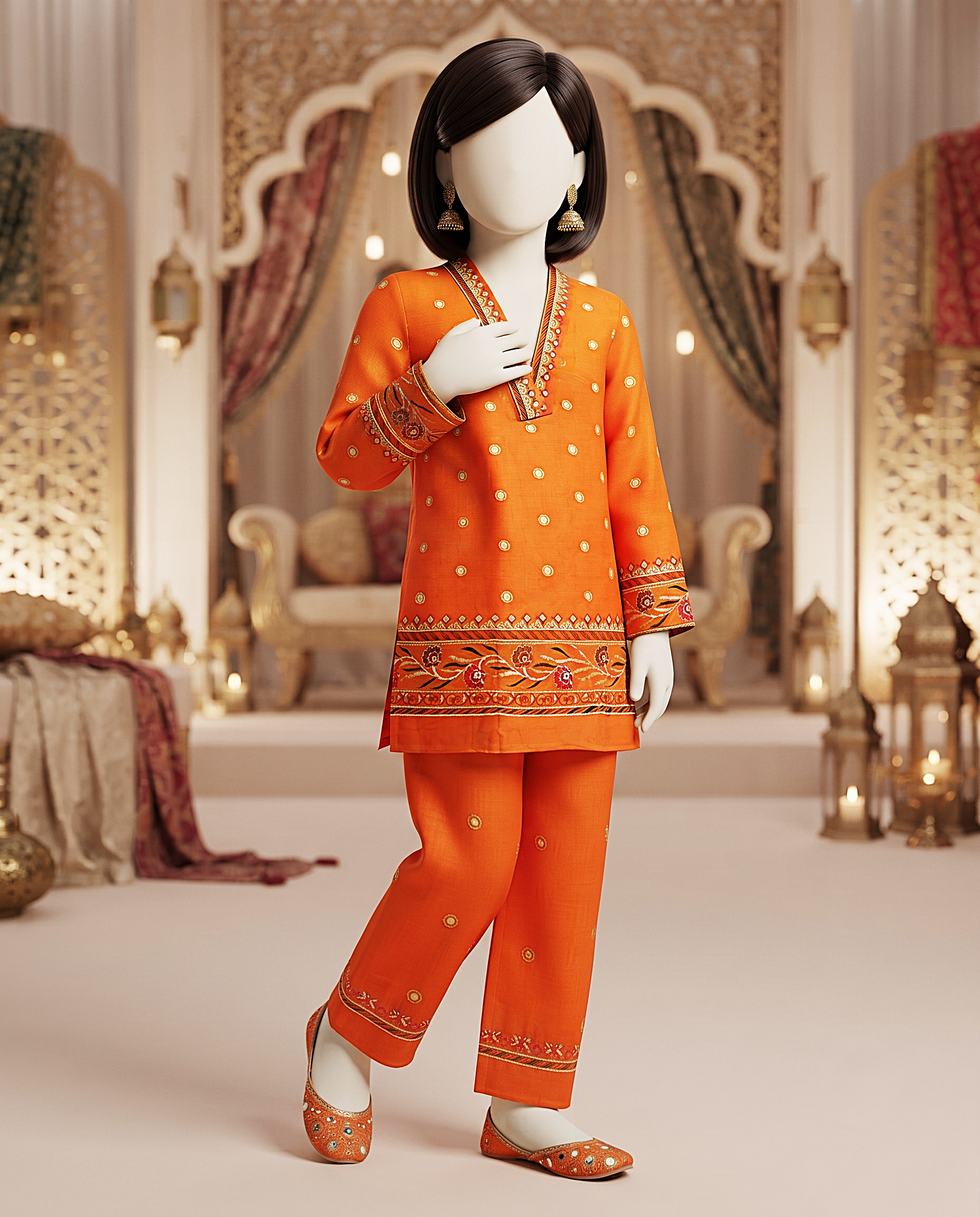 Kids 2-Piece Vibrant Orange Embroidered Unstitched Lawn Suit