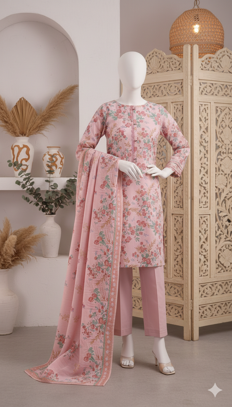 Blushing Rose: Vibrant Floral Printed Lawn Unstitched 3-Piece Suit (LPU 5067)