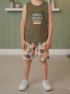 Urban Street Wear Tank Top & Tropical Print Shorts Set | Kids' Casual Summer Outfit | Khaki Tank with Palm Leaf Pattern Shorts | New York Inspired Graphic (1012)
