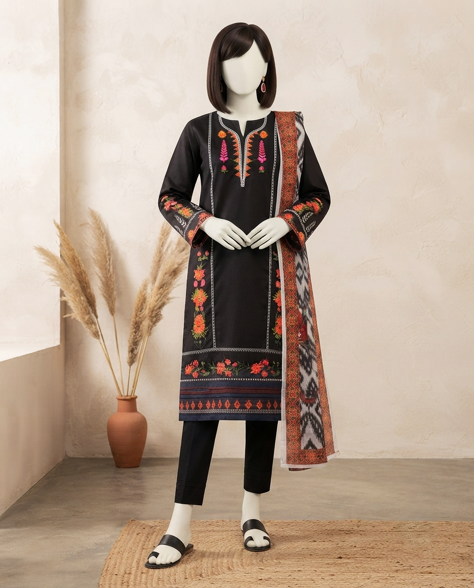 Midnight black 3-piece unstitched embroidered lawn suit with a vibrant patterned dupatta displayed on a mannequin.