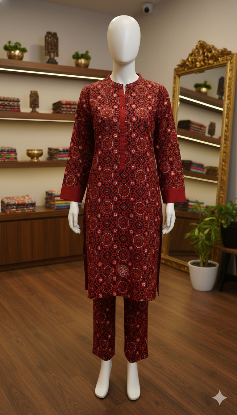 ZH2 Deep Maroon Heritage Print – 2pc Premium Cotton Unstitched Suit (PCU 5022)