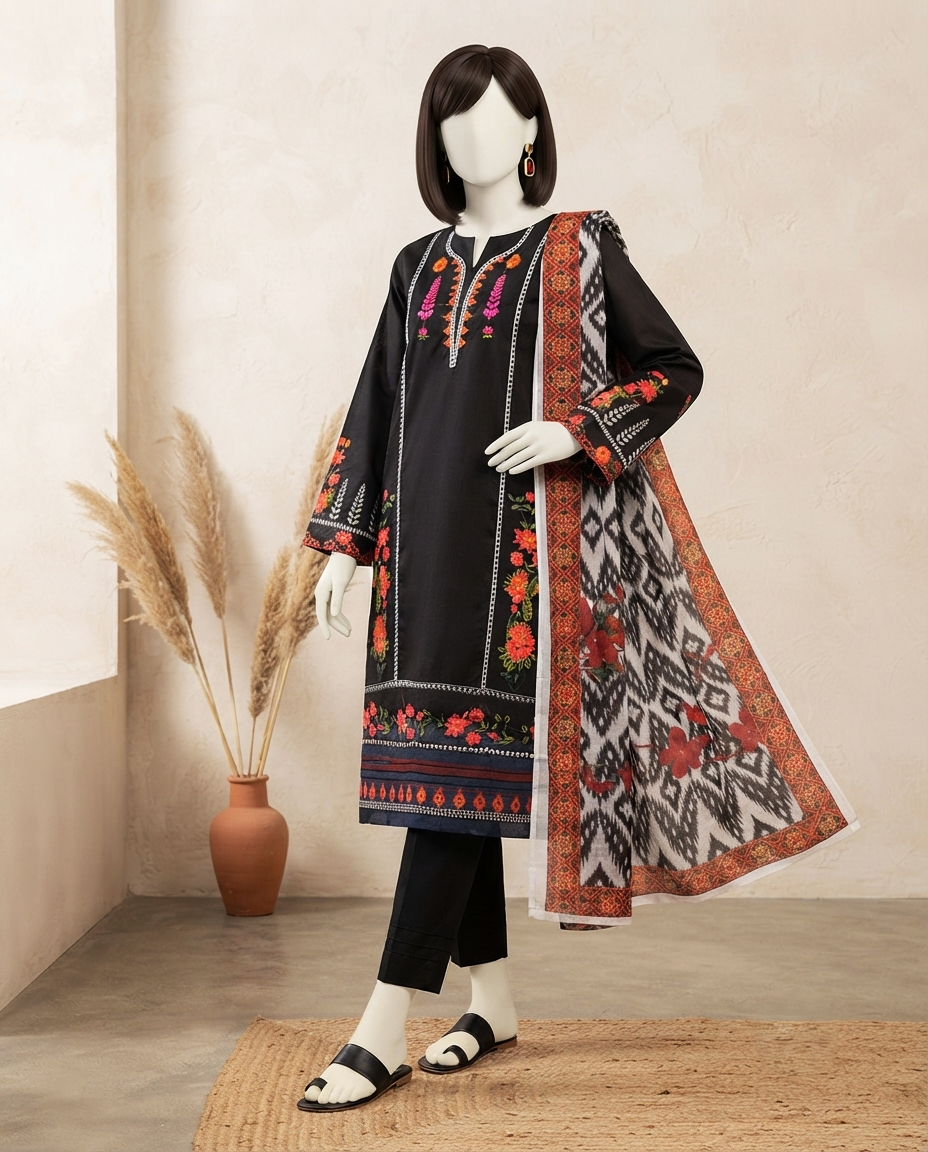 Midnight black 3-piece unstitched embroidered lawn suit with a vibrant patterned dupatta displayed on a mannequin.
