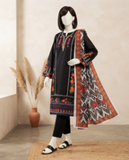 Midnight black 3-piece unstitched embroidered lawn suit with a vibrant patterned dupatta displayed on a mannequin.