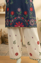 Premium 2-Piece Embroidered Lawn Suit – Navy Blue Kurta with Embroidered Culottes (LEU 5044)
