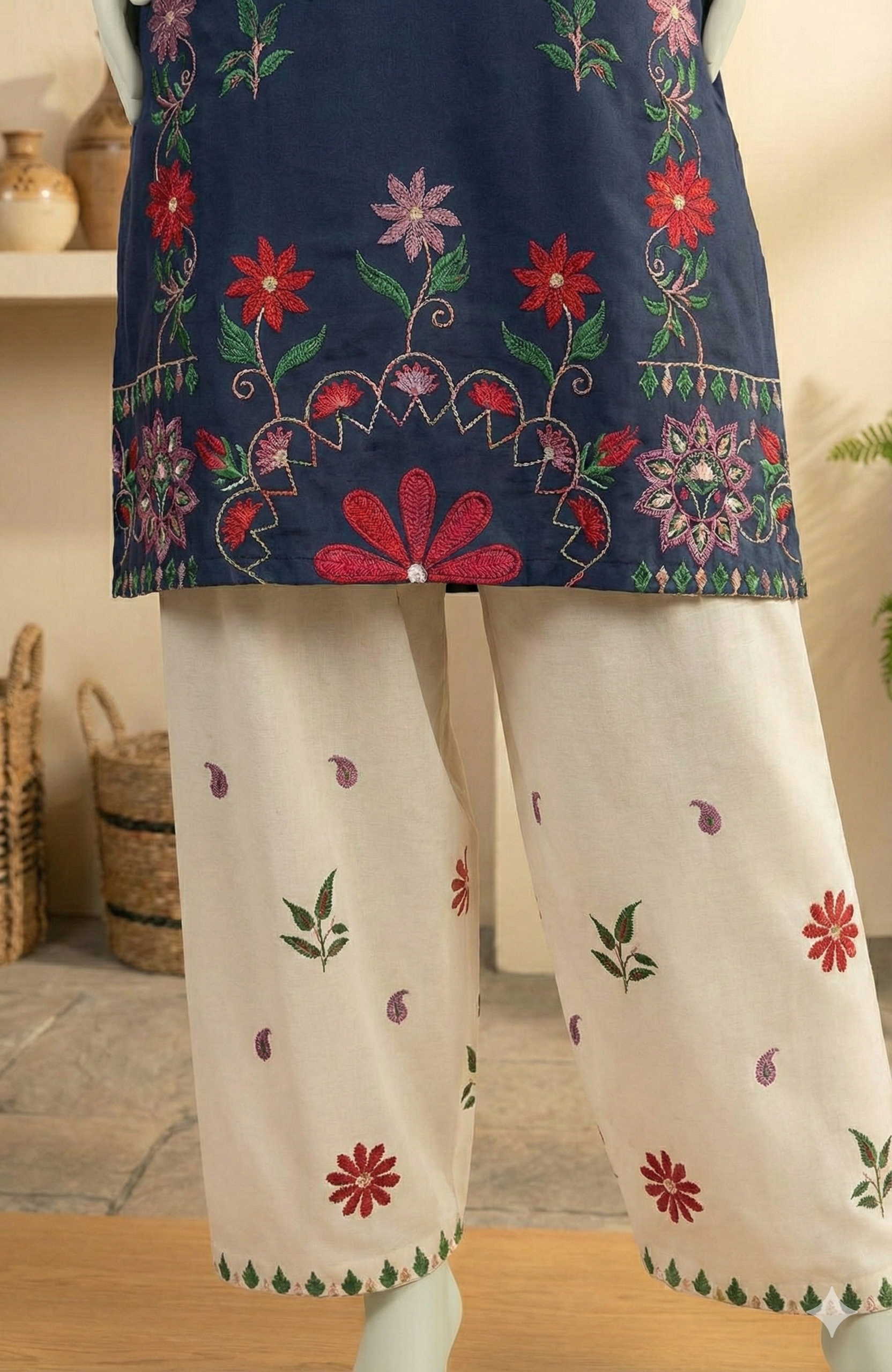 Premium 2-Piece Embroidered Lawn Suit – Navy Blue Kurta with Embroidered Culottes (LEU 5044)