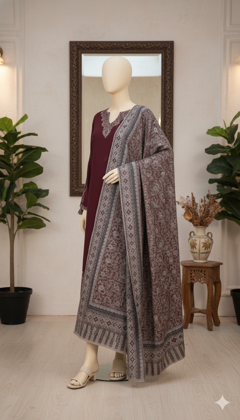 Premium 3-Piece Unstitched Embroidered Cotton Suit – Deep Plum & Silver Sage (LEU 5036)