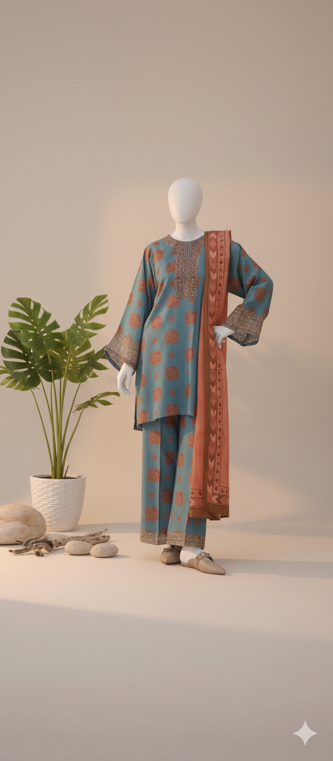 Premium 3-Piece Embroidered Lawn Suite – Unstitched Summer Collection (LEU 5046)