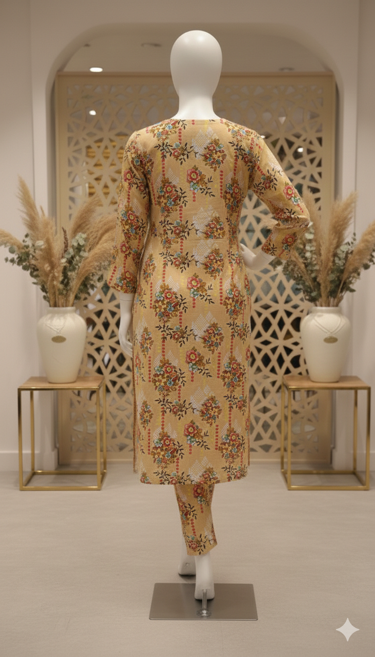 ZH2 Mustard Pinstripe Floral – 2pc Premium Cotton Unstitched Suit (PCU 5022)