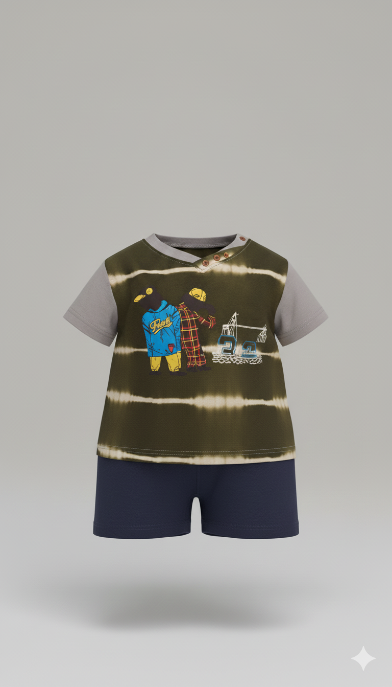Boys' Casual Summer Outfit: Tie-Dye Nautical Graphic Tee & Navy Knit Play Shorts (2 Pcs) (1009)