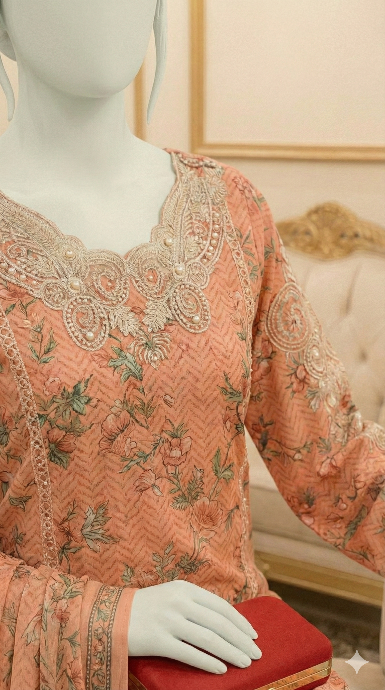 Model wearing a peach 3-piece suit with pearl-embellished embroidery and floral print.