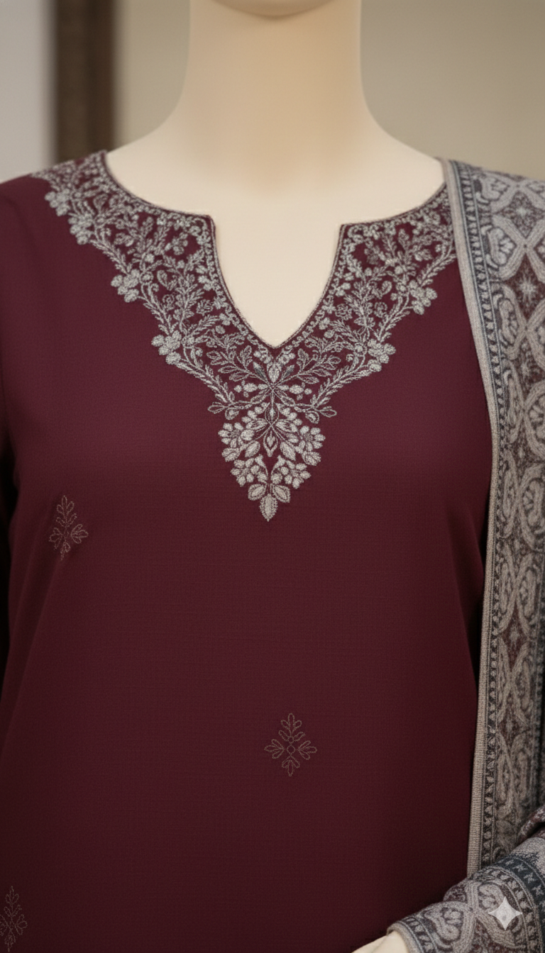 Premium 3-Piece Unstitched Embroidered Cotton Suit – Deep Plum & Silver Sage (LEU 5036)