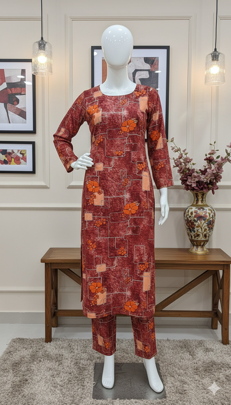 ZH2 Rustic Red Geometric Floral – 2pc Premium Cotton Unstitched Suit (PCU 5022)