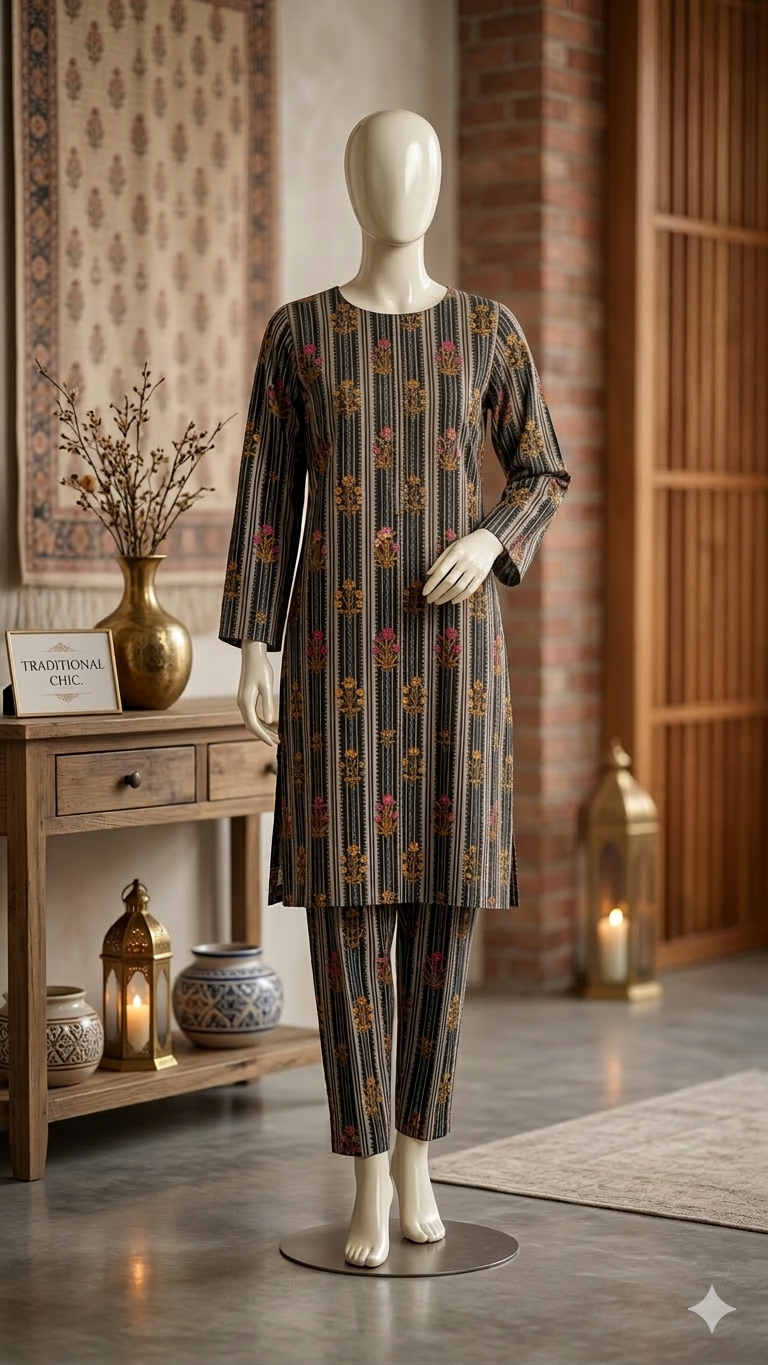 Botanical Stripe Printed Co-Ord Set | 2-Piece Ethnic Tunic & Trousers (PCU 5022)