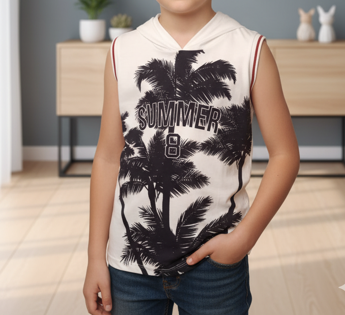 Boys' Sleeveless Hooded Tank Top | Tropical Palm Tree Summer Graphic Tee (1010)