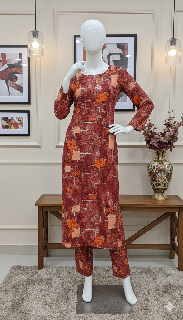ZH2 Rustic Red Geometric Floral – 2pc Premium Cotton Unstitched Suit (PCU 5022)