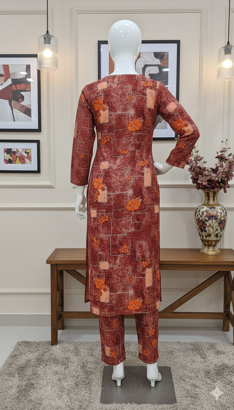 ZH2 Rustic Red Geometric Floral – 2pc Premium Cotton Unstitched Suit (PCU 5022)