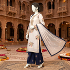 3-piece unstitched embroidered lawn suit with a matching trouser and dupatta displayed on a mannequin.