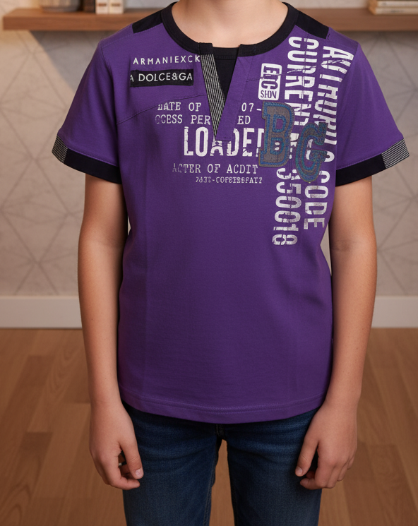 Bold Boys' Purple Graphic T-Shirt | V-Notch Neck and Urban Designer Print (1019)