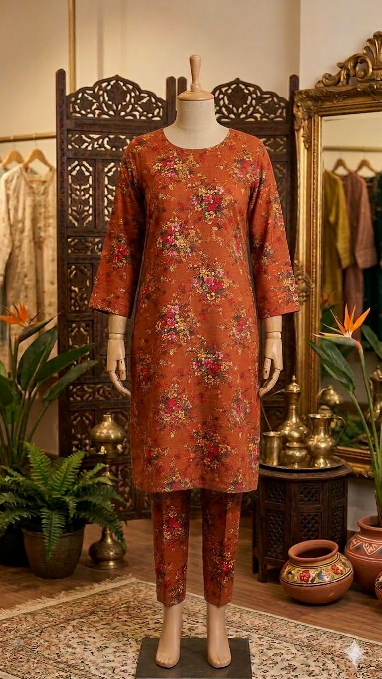 Golden Harvest Vintage Floral Co-ord | Stitched 2-Piece Cotton (PCU 5022)