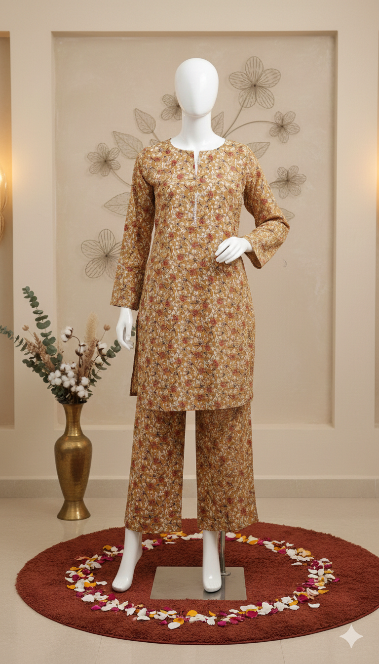 ZH2 Golden Honey Ditsy Floral – 2pc Premium Cotton Unstitched Suit (PCU 5022)
