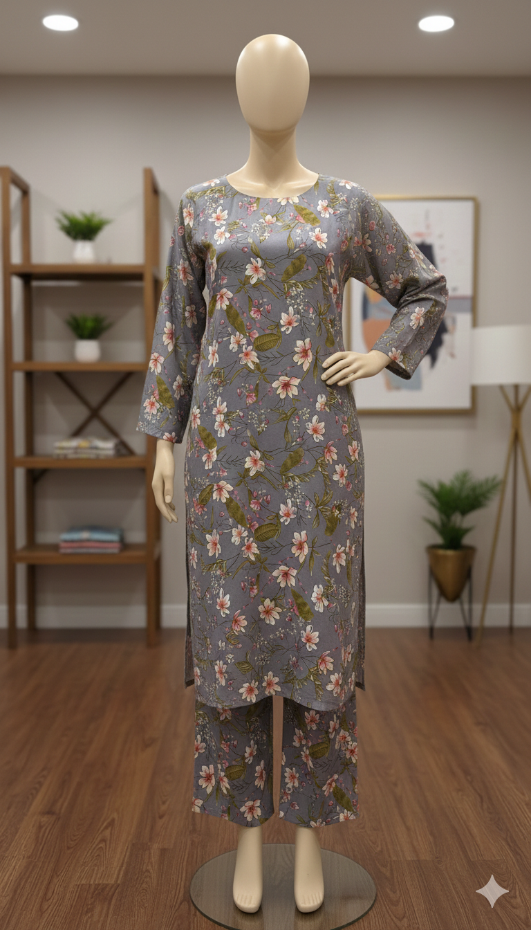 ZH2 Soft Grey Spring Blossom – 2pc Premium Cotton Unstitched Suit (PCU 5022)
