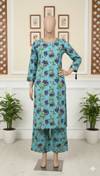Botanical & Floral Print 2-Piece Co-ord Set | Long Kurta & Trouser Ensemble (PCU 5022)
