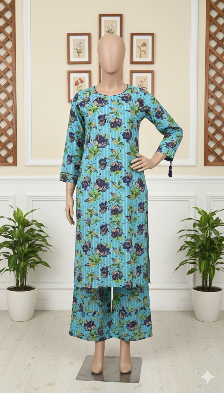Botanical & Floral Print 2-Piece Co-ord Set | Long Kurta & Trouser Ensemble (PCU 5022)