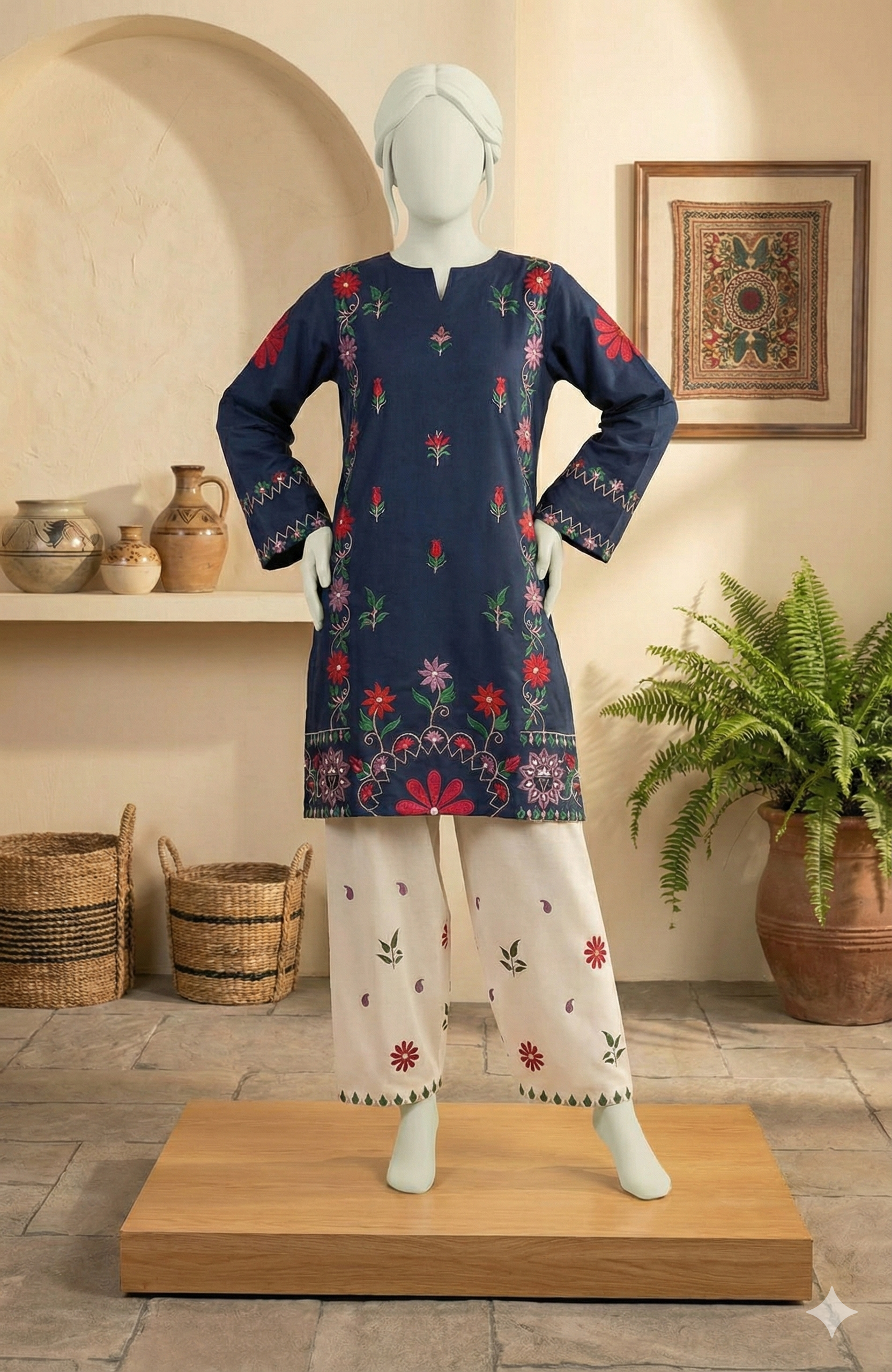 Premium 2-Piece Embroidered Lawn Suit – Navy Blue Kurta with Embroidered Culottes (LEU 5044)
