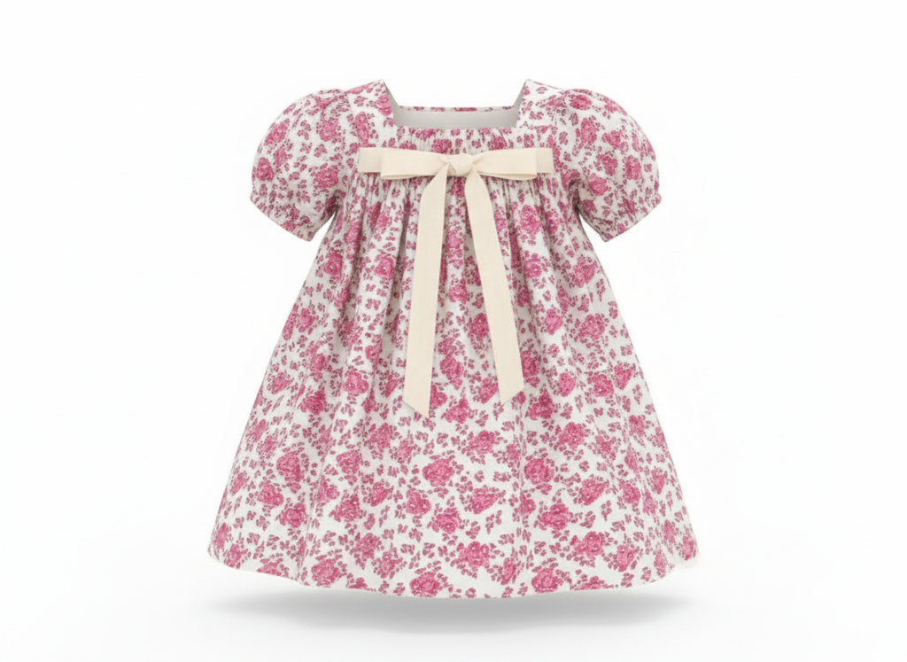 Toddler Girl Floral Embroidered Dress with Big Bow | Spring & Party Occasion Dress (1030)