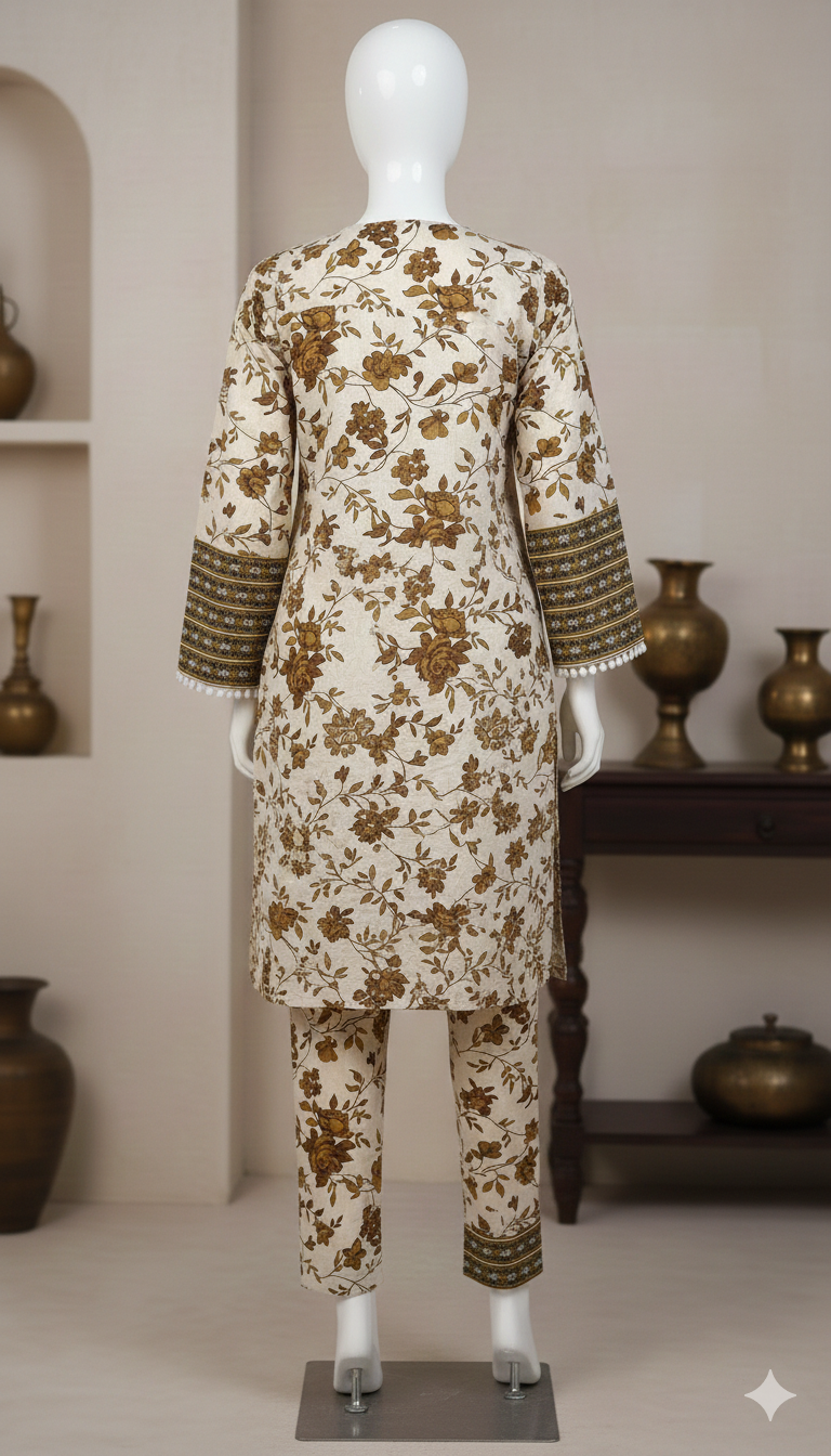 Zh2 Vintage Mocha Suit | Cream & Brown Floral Unstitched Cotton (PCU 5023)