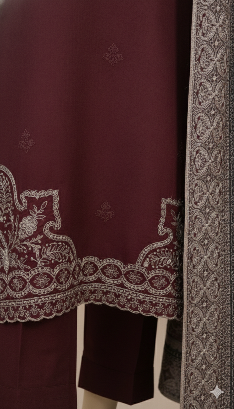Premium 3-Piece Unstitched Embroidered Cotton Suit – Deep Plum & Silver Sage (LEU 5036)
