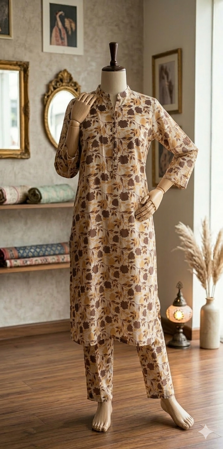 Women’s Floral Print Kurta with Matching Trousers – Beige & Brown (PCU 5022)