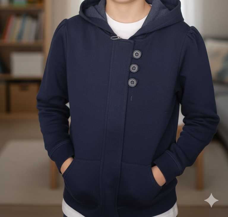 Unisex Navy Blue Tailored Hooded Jacket | Military Style Button-Up Sweatshirt | Structured Casual Layering Top | Puff Shoulder Detail