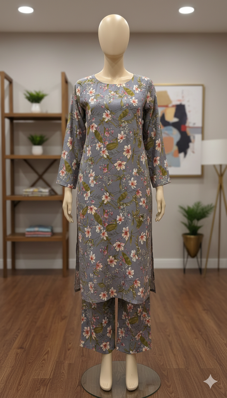 ZH2 Soft Grey Spring Blossom – 2pc Premium Cotton Unstitched Suit (PCU 5022)