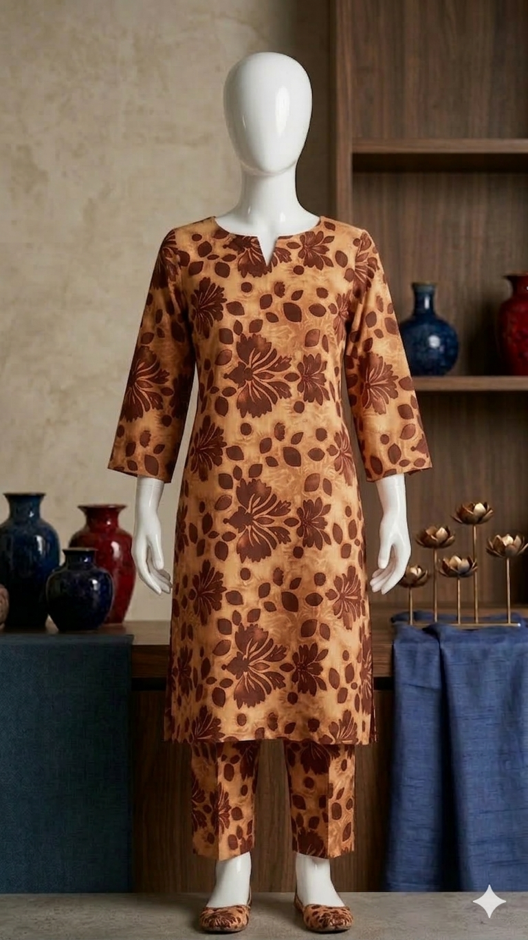 Red Floral Print Pure 2-Piece Cotton Suit (PCU 5022)