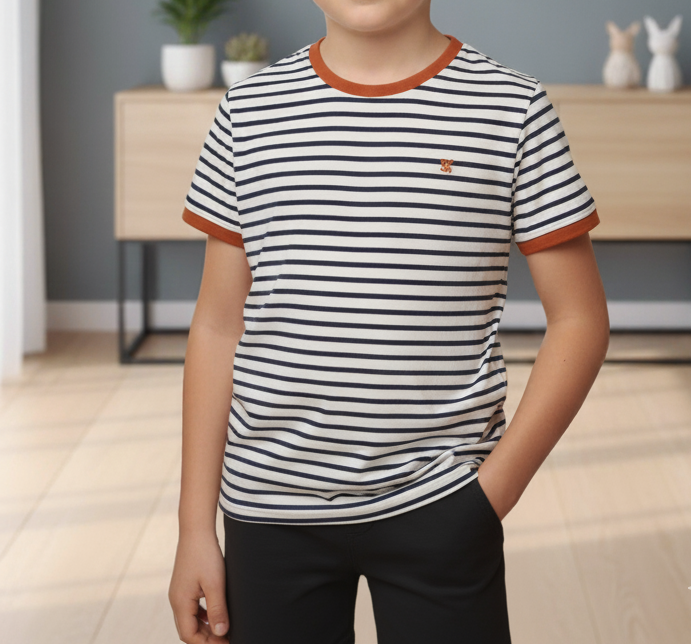 Boys' 2-Piece Summer Outfit: Nautical Stripe T-Shirt & Black Knit Play Shorts | Casual Set (1016)