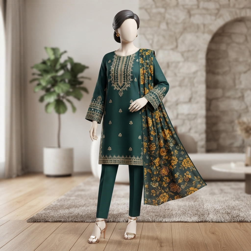 Emerald green 3-piece unstitched embroidered lawn suit with a floral printed dupatta displayed on a mannequin.