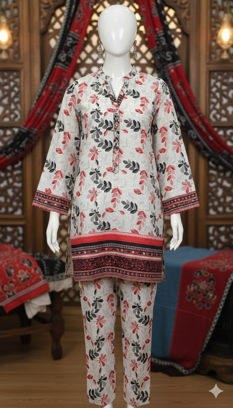 ZH2 Leaf Print Unstitched Suit | Red & Mustard Cotton 2-Piece (PCU 5023)