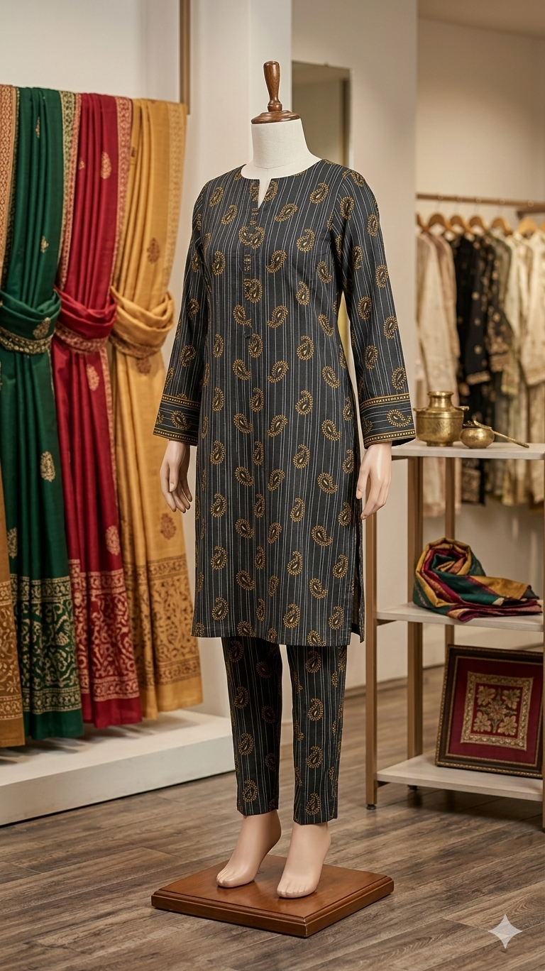 ZH2 Store | Signature Pinstripe & Motif Collection – 2-Piece Premium Lawn Kurta & Trouser Set (PCU 5022)